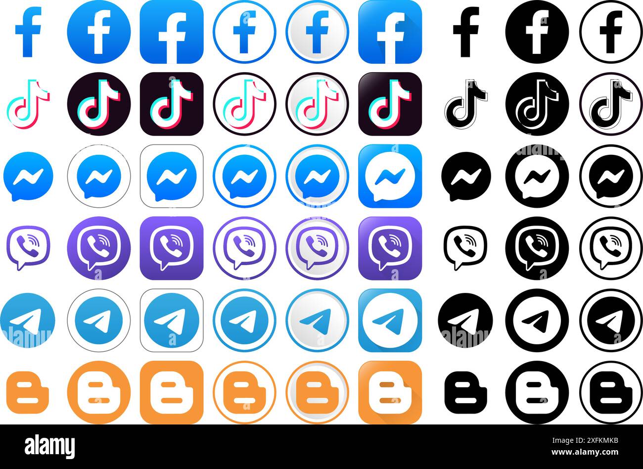 Kiev, Ukraine - mars 15, 2021 : icônes populaires de médias sociaux sous différentes formes, telles que : Facebook, TikTok, Messenger, Viber, Telegram, et Blogger. VEC Illustration de Vecteur