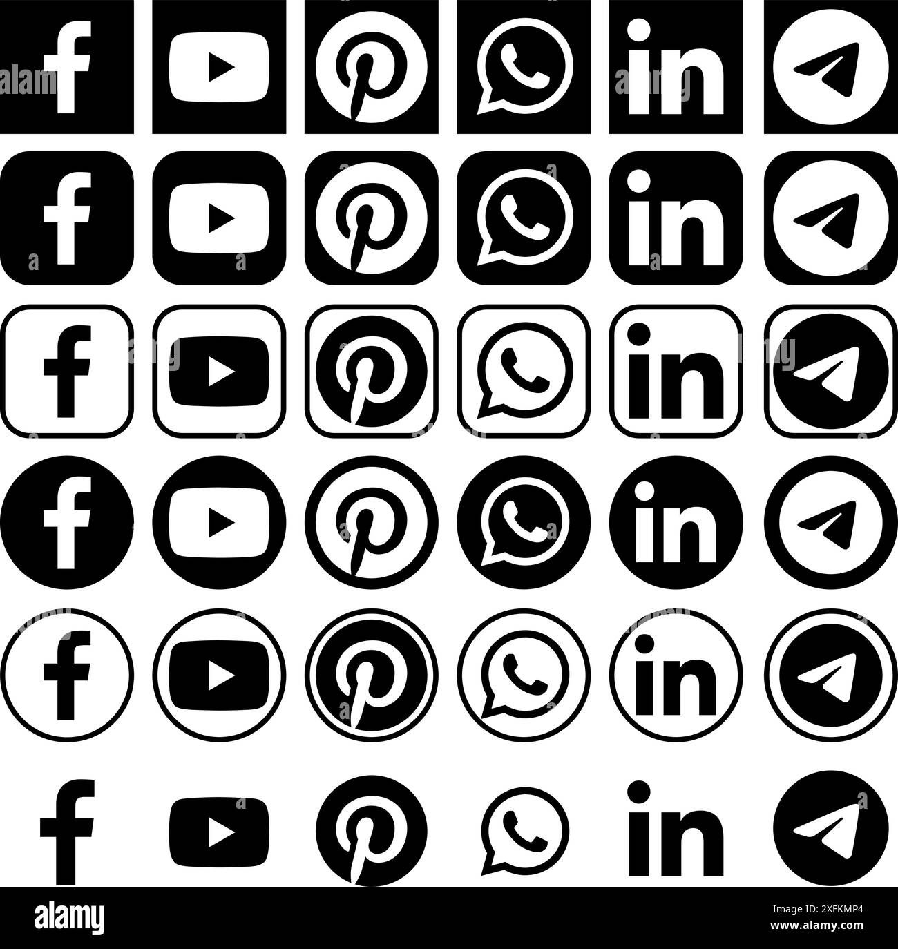 Kiev, Ukraine - 15 mars 2021 : icônes noires de médias sociaux sous différentes formes, telles que : Facebook, Youtube, Pinterest, WhatsApp, LinkedIn et Telegram. Illustration de Vecteur