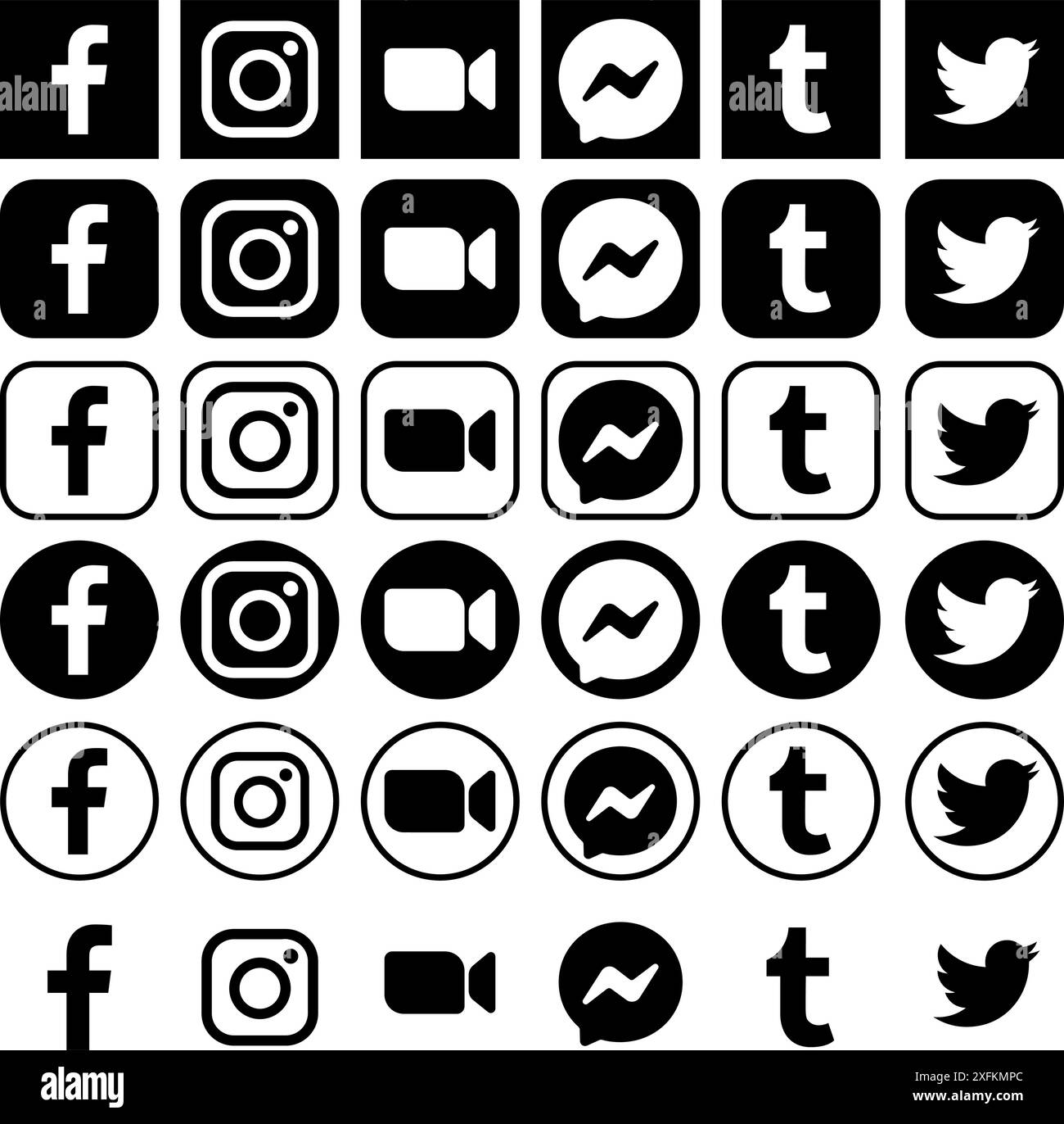 Kiev, Ukraine - 15 mars 2021 : icônes noires de médias sociaux sous différentes formes, telles que : Facebook, Instagram, Zoom, Messenger, Tumblr et Twitter. Vecto Illustration de Vecteur