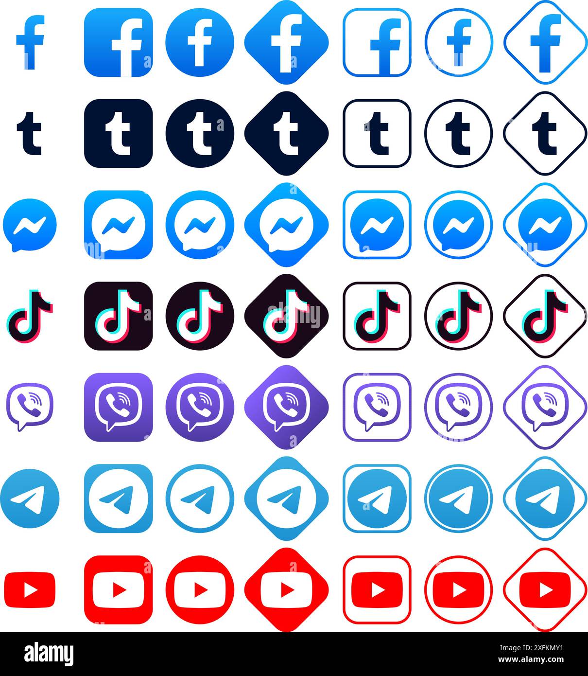 Kiev, Ukraine - mars 11, 2021 : icônes populaires de médias sociaux sous différentes formes, telles que : Facebook, Tumblr, Messenger, TikTok, Viber, Telegram, Youtube Illustration de Vecteur