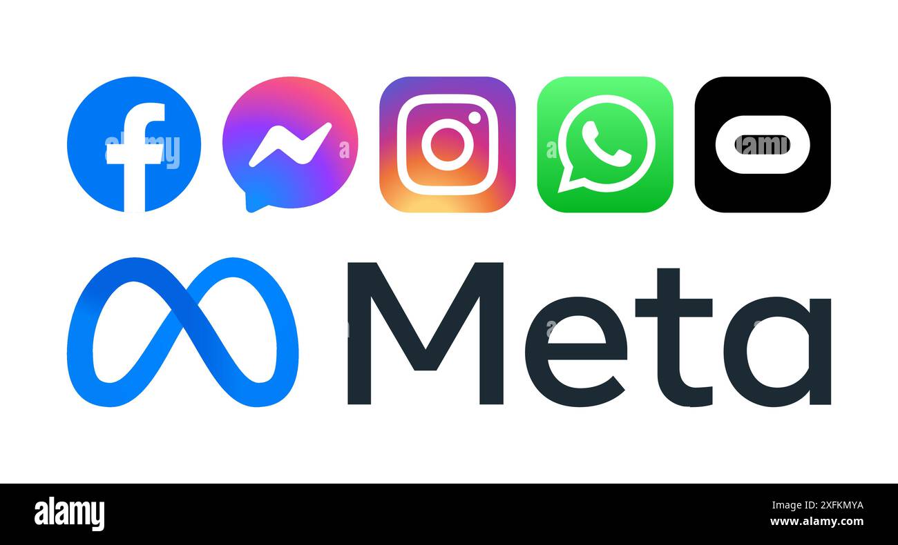 Kiev, Ukraine - décembre 09, 2021 : Meta logo et de nouvelles icônes de ses produits : Facebook, Messenger, Instagram, WhatsApp et Oculos, illustration vectorielle. Illustration de Vecteur
