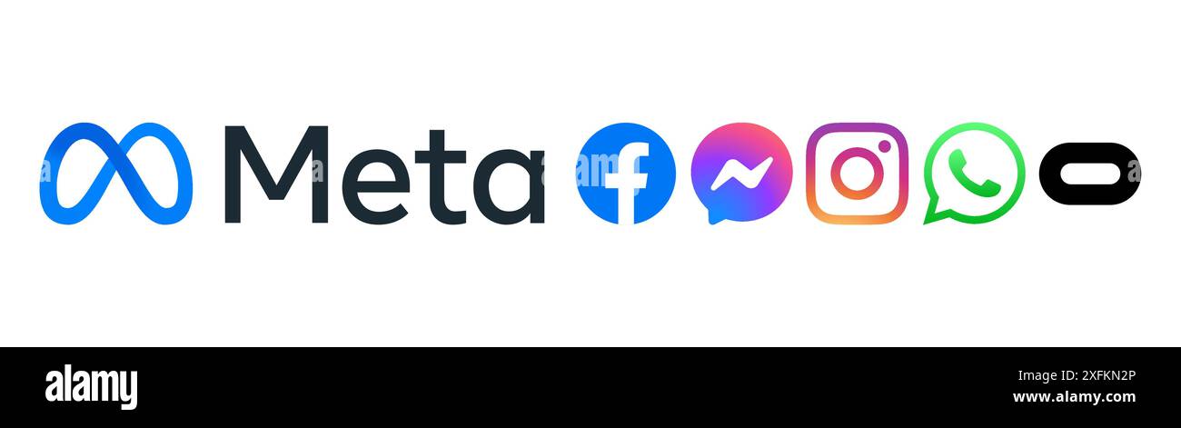 Kiev, Ukraine - décembre 09, 2021 : Meta logo et icônes de ses produits : Facebook, Messenger, Instagram, WhatsApp et Oculos, illustration vectorielle. Soci Illustration de Vecteur