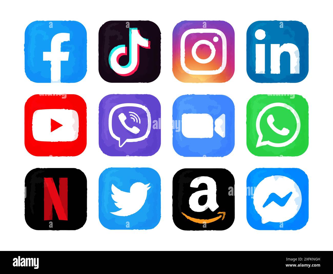 Kiev, Ukraine - 28 septembre 2022 : ensemble d'icônes populaires de médias sociaux et d'applications mobiles dans la conception de peinture aquarelle : Facebook, TikTok, Instagram, LinkedI Illustration de Vecteur