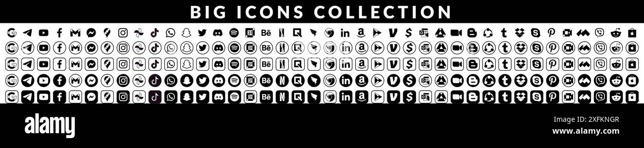 Grand ensemble d'un noir populaire médias sociaux et d'autres icônes d'applications sous différentes formes, telles que : Google, Telegram, Youtube, Facebook et autres, vecteur illus Illustration de Vecteur