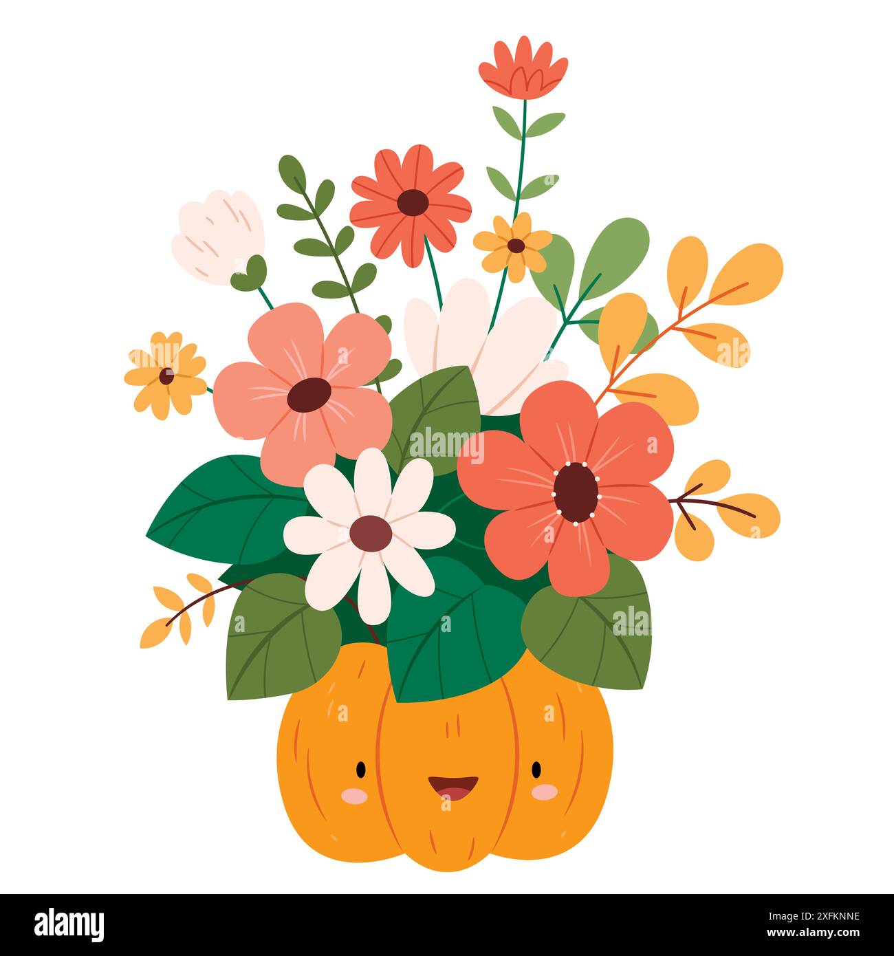 Un bouquet de fleurs d'automne dans une citrouille drôle. Conception de récolte saisonnière pour le salut ou l'affiche. Illustration de Vecteur