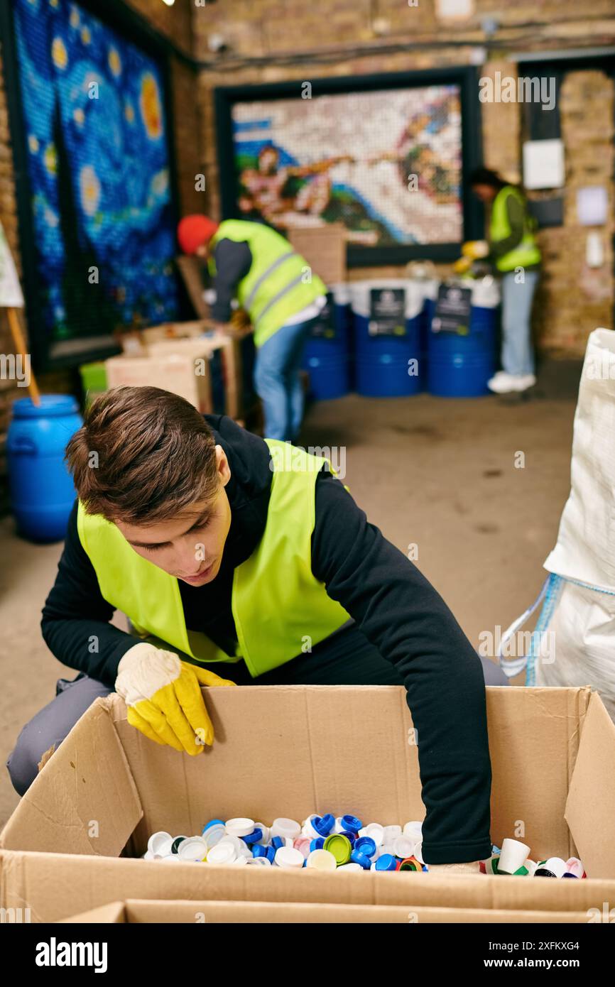 Jeune bénévole éco-conscient en gants jaunes et gilet nettoyant une boîte en carton avec dévouement. Banque D'Images