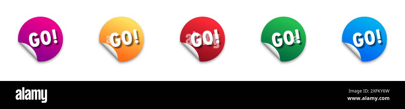 Autocollant avec GO! Ensemble de stickerrs colorés avec du texte dessus. Illustration vectorielle plate Illustration de Vecteur