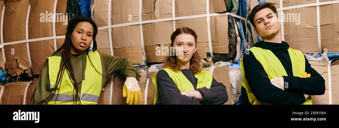 Groupe de jeunes volontaires portant des gilets de sécurité et des gants debout à côté de boîtes de recyclage, triant les déchets. Banque D'Images Groupe de jeunes volontaires portant des gilets de sécurité et des gants debout à côté de boîtes de recyclage, triant les déchets. Banque D'Images