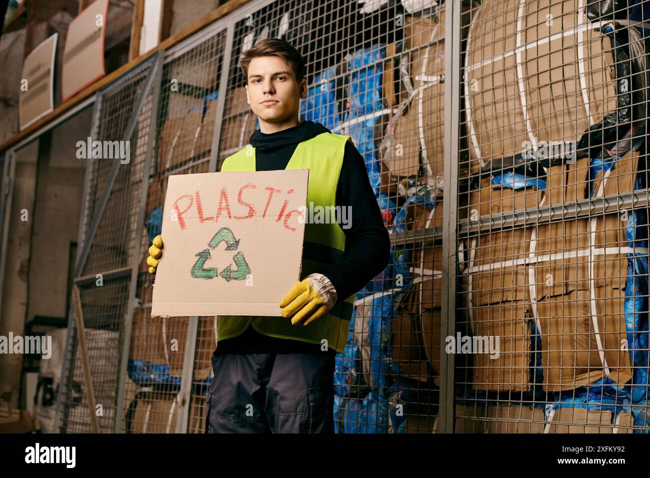 Un jeune bénévole portant des gants et un gilet de sécurité tient une pancarte qui dit plastique tout en triant les déchets. Banque D'Images