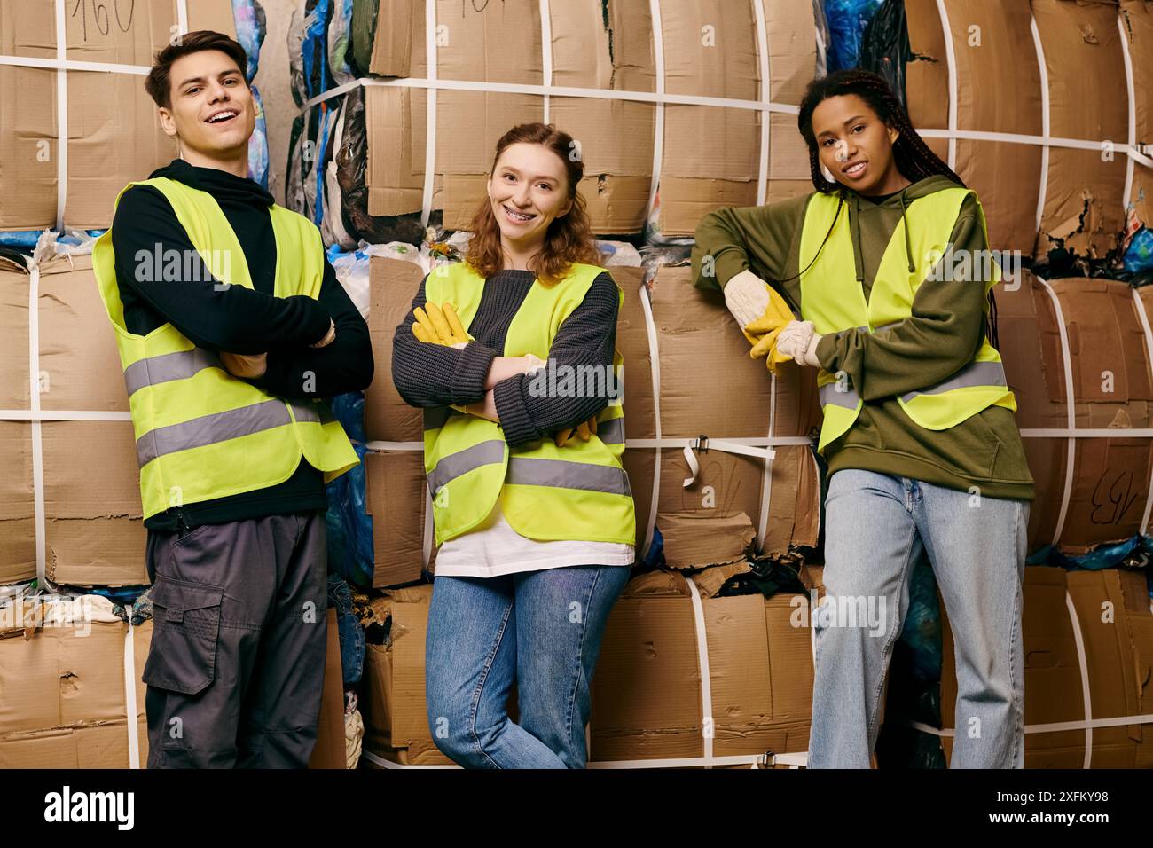 De jeunes bénévoles en gants et gilets de sécurité se tiennent à côté d’une pile de boîtes, triant les déchets pour un avenir plus vert. Banque D'Images De jeunes bénévoles en gants et gilets de sécurité se tiennent à côté d’une pile de boîtes, triant les déchets pour un avenir plus vert. Banque D'Images