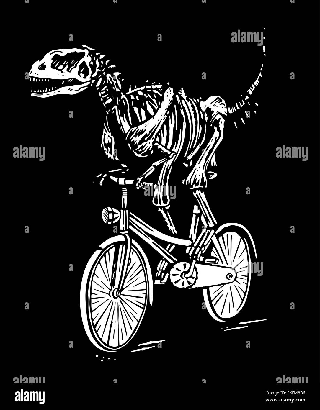 Illustration dessinée à la main d'un squelette de dinosaure à vélo. Art pour la décoration, impressions sur t-shirts, etc Illustration de Vecteur