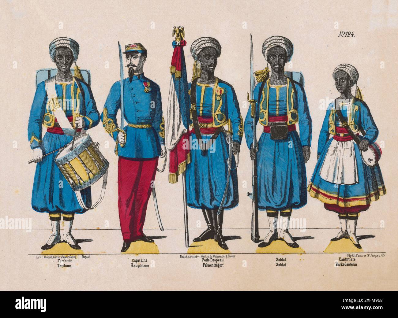 Lithographie couleur vintage de l'armée française. Infanterie. Zouaves, 1870 Banque D'Images
