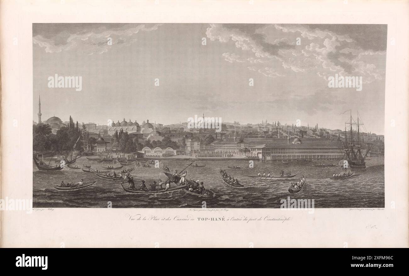 L'histoire de l'Empire ottoman. Vue sur la place et la caserne de Tophane (Top-Hane) à l'entrée du port de Constantinople. Gravure française du XIXe siècle. Tophane (lit. « Manège militaire ») est un quartier du district de Beyoğlu à Istanbul, en Turquie, descendant de Galata jusqu'à la rive du Bosphore où il rejoint Karaköy au sud-ouest et Fındıklı au nord-est. À l'époque ottomane, c'était la première zone industrielle de la ville. Banque D'Images