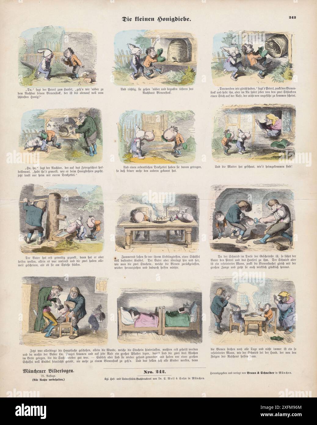 Illustrations allemandes vintage du stroy 'Die kleinen Honigdiebe' (les petits voleurs de miel), 1858 le petit voleur de miel est une œuvre du début de la période du poète et illustrateur Wilhelm Busch. Il a été publié pour la première fois en 1859 comme feuille no. 242 dans la série Munich Picture Book. Banque D'Images