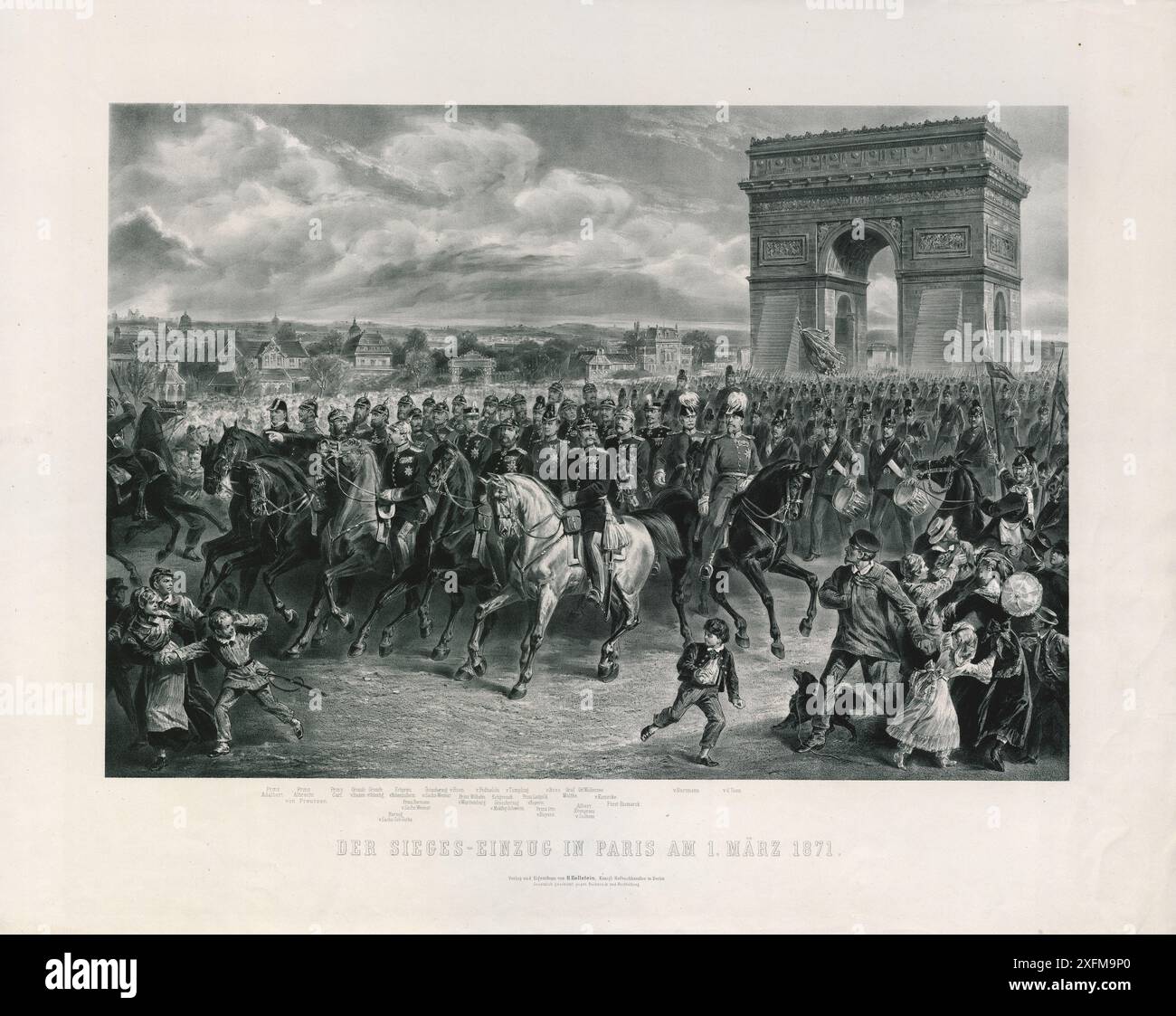 Les troupes prussiennes victorieuses entrent dans Paris et passent sous l'Arc de Triomphe le 1er mars 1871. Le siège de Paris a eu lieu du 19 septembre 1870 au 28 janvier 1871 et s'est terminé par la prise de la ville par les forces des différents états de la Confédération allemande du Nord, dirigé par le Royaume de Prusse. Prinz Adlbert, Prinz Albrecht von Preussen, Prinz Carl, Kronprinz von Hohenzollern, Prinz Hermann von Dachs-Weimar, Grossherzog von Sachs-Weimar, Prinz Wilhelm von Wurttemberg, von Podbielski, von Tumpling, Prinz Luitpold von Bayern, Prinz Otto von Bayern, Graf Moltke, Albert von Sachsen, F. Banque D'Images