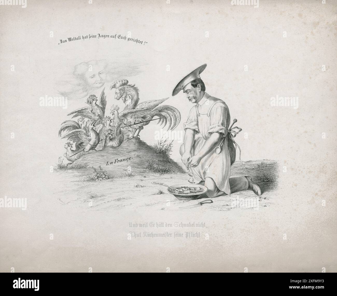 Caricature politique de Bismarck. Et parce qu'il ne кeep pas ses lèvres scellées (littéralement, ne tient pas le bec), Maître Chef fait son devoir , 1866 Banque D'Images