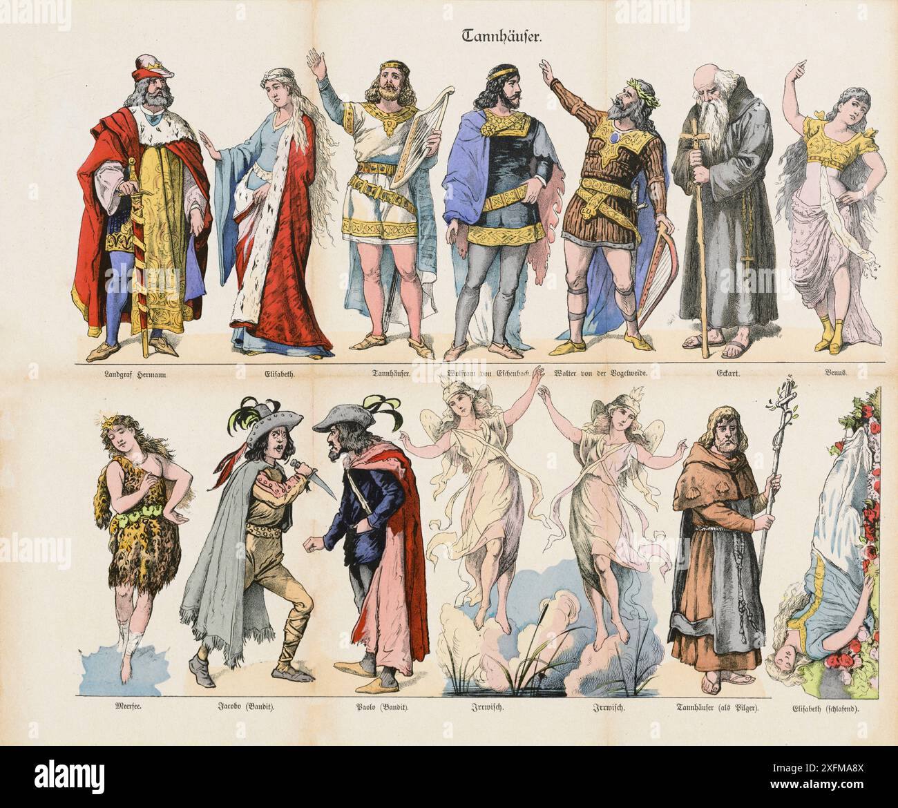 Figurines en carton vintage pour enfants à couper : Tannhäuser (opéra), 1902 Tannhäuser (Tannhäuser und der Sängerkrieg auf Wartburg, 'Tannhäuser and the Minnesängers' Contest at Wartburg') est un opéra en trois actes de 1845, avec musique et texte de Richard Wagner. Il est basé sur deux légendes allemandes : Tannhäuser, le mythique Minnesänger et poète allemand médiéval, et le conte du concours de la chanson de Wartburg. Banque D'Images