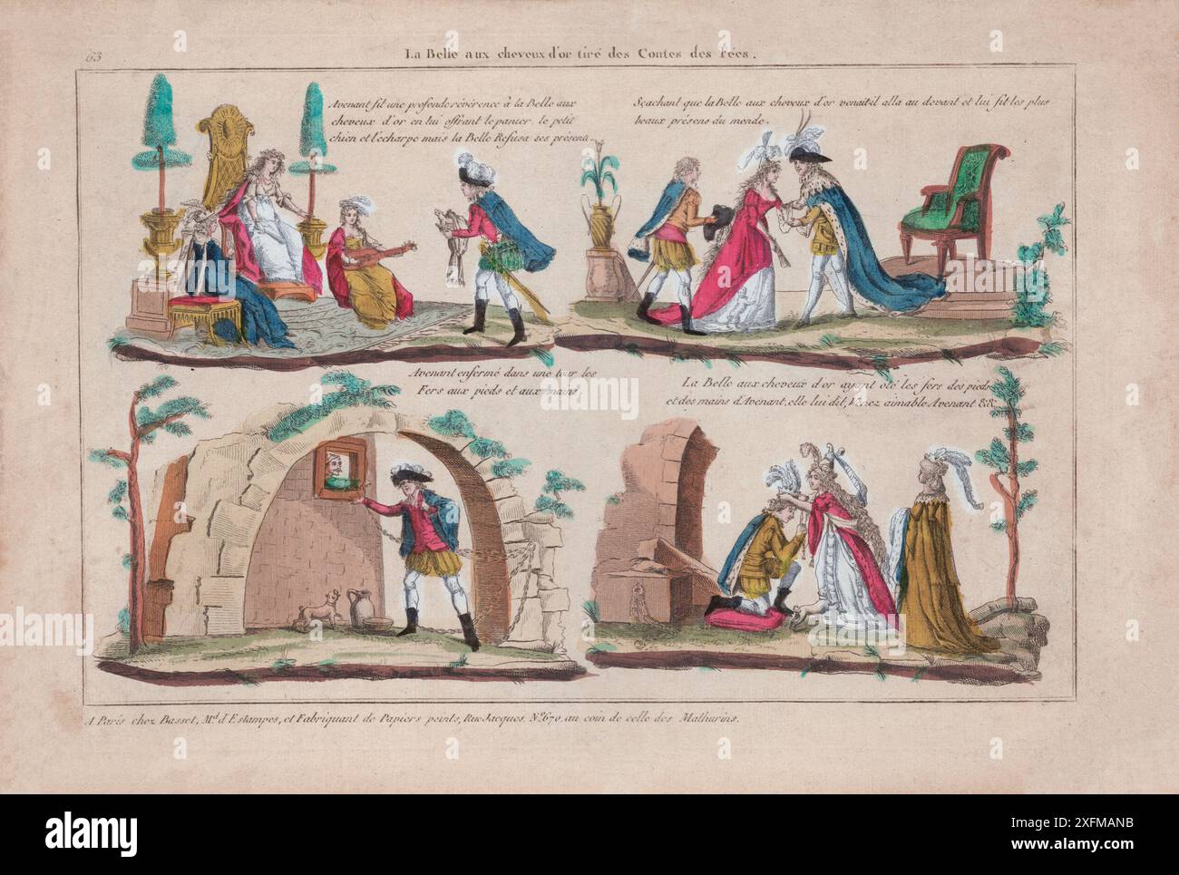 Illustrations françaises vintage du conte de fées 'la beauté aux cheveux dorés' (princesse Goldilocks). 1790 The Story of Pretty Goldilocks or The Beauty with Golden Hair est un conte de fées littéraire français écrit par Madame d'Aulnoy. Andrew Lang l'a inclus dans le Blue Fairy Book. Banque D'Images