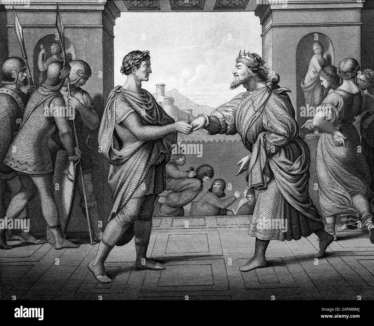 Illustration de la réconciliation de Pilate et d'Hérode (Évangile de Luc) du XIXe siècle la Bible impériale illustrée Banque D'Images