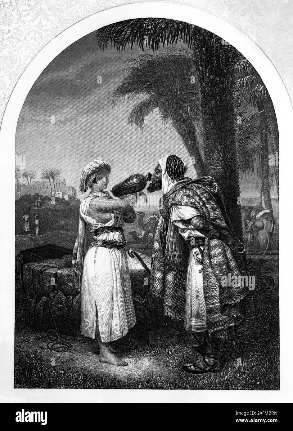 Gravure en noir et blanc de Rebecca offrant de l'eau au serviteur d'Abraham Eliezer par le puits (Genèse) de l'Impériale Illustrated Bible Antique 19 Banque D'Images Gravure en noir et blanc de Rebecca offrant de l'eau au serviteur d'Abraham Eliezer par le puits (Genèse) de l'Impériale Illustrated Bible Antique 19 Banque D'Images