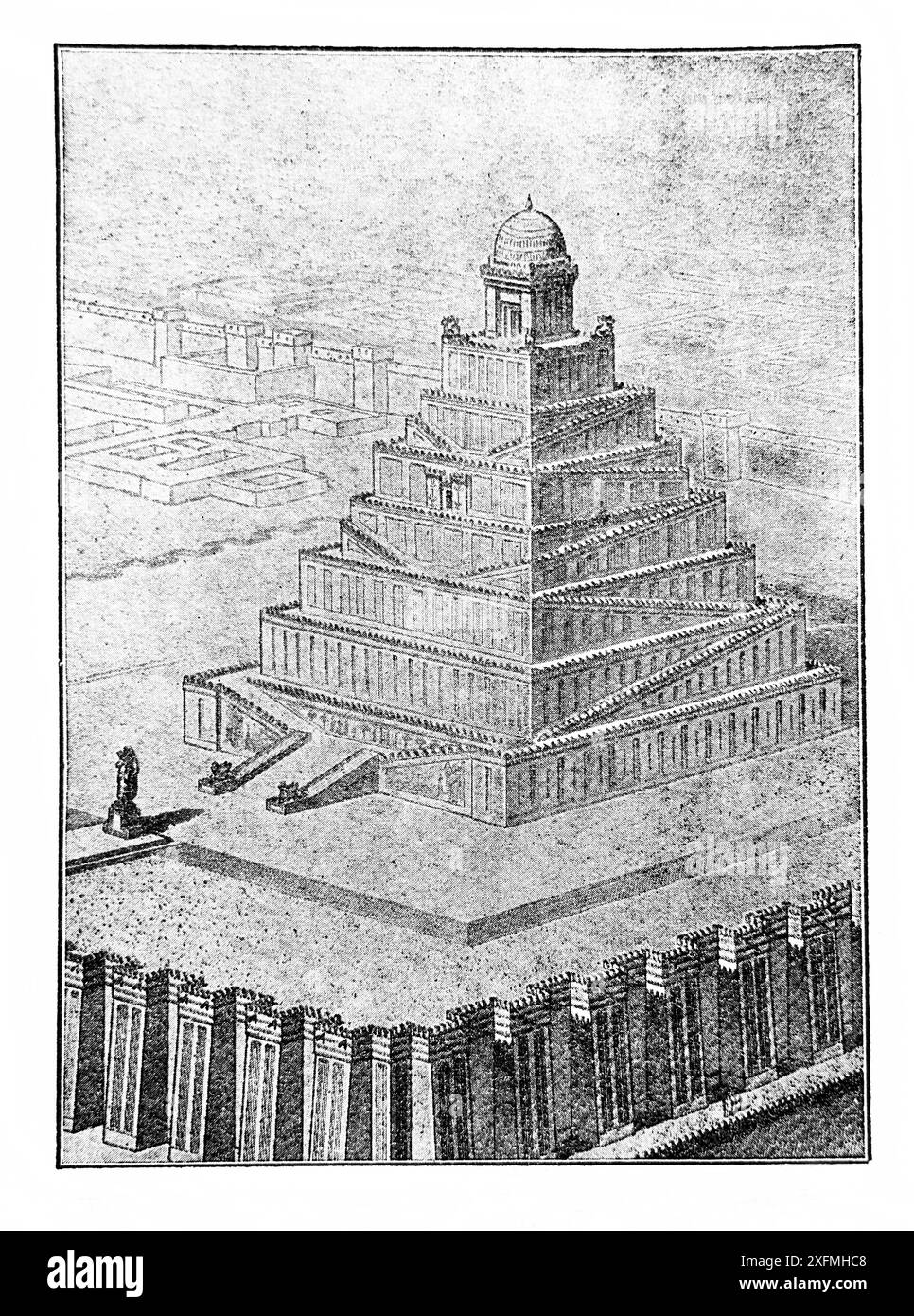 Gravure d'une place du Temple chaldéen sur plan avec double rampe le type probable de la Tour de Babel dans l'ancienne famille auto-explicative du XIXe siècle Banque D'Images