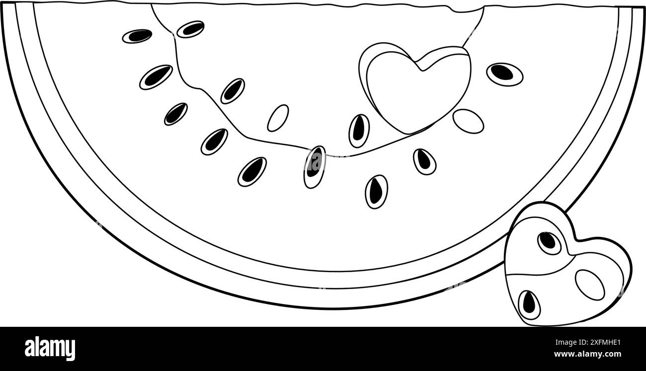 Tranche de pastèque avec trou en forme de coeur. Pastèque mûre coupée dessinée à la main style doodle dessert naturel biologique isolé, page colorante de fruits d'été de melon juteux doux et sain. Illustration vectorielle Illustration de Vecteur