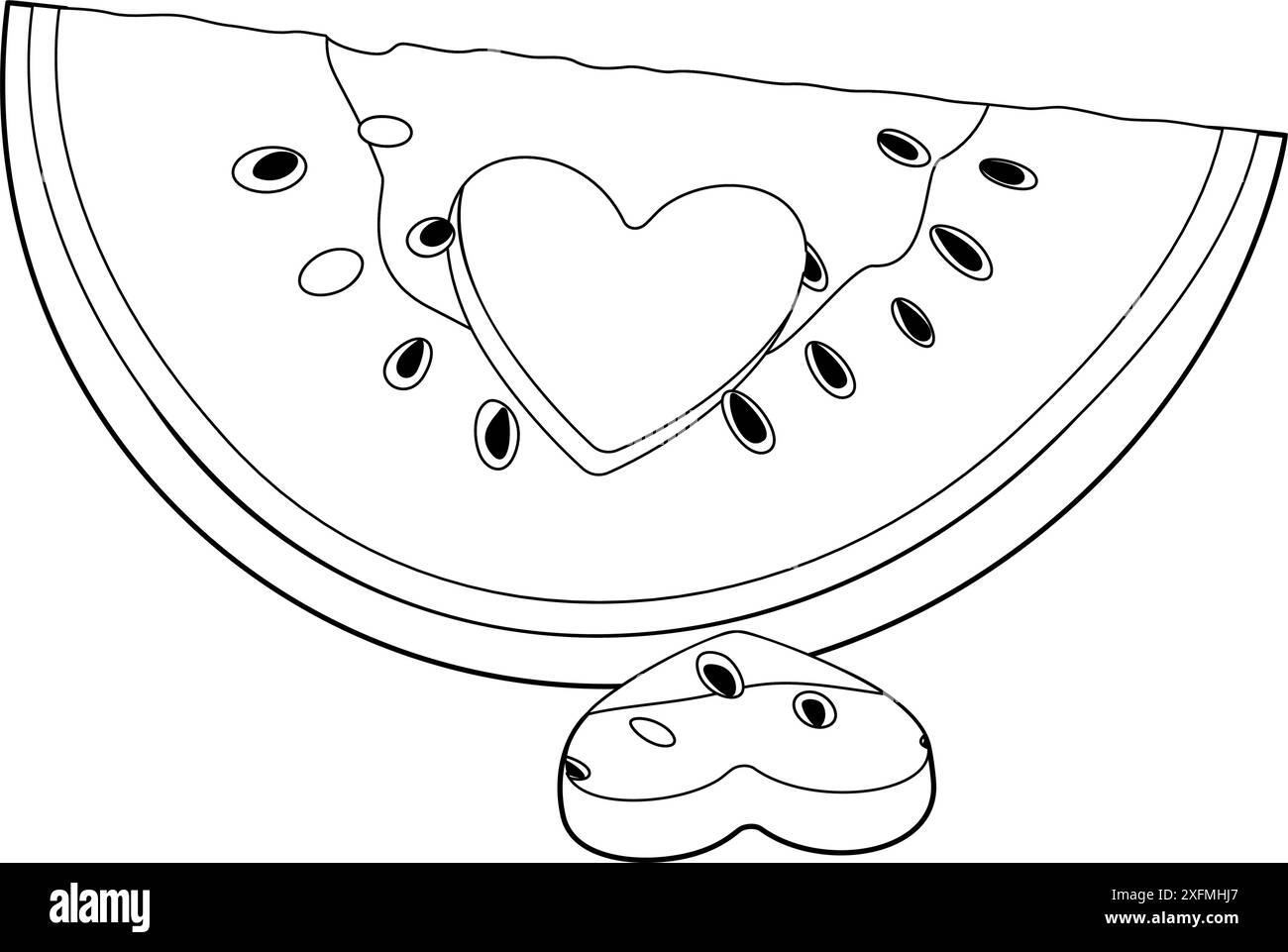 Tranche de pastèque avec trou en forme de coeur. Pastèque mûre coupée dessinée à la main style doodle dessert naturel biologique isolé, page colorante de fruits d'été de melon juteux doux et sain. Illustration vectorielle Illustration de Vecteur