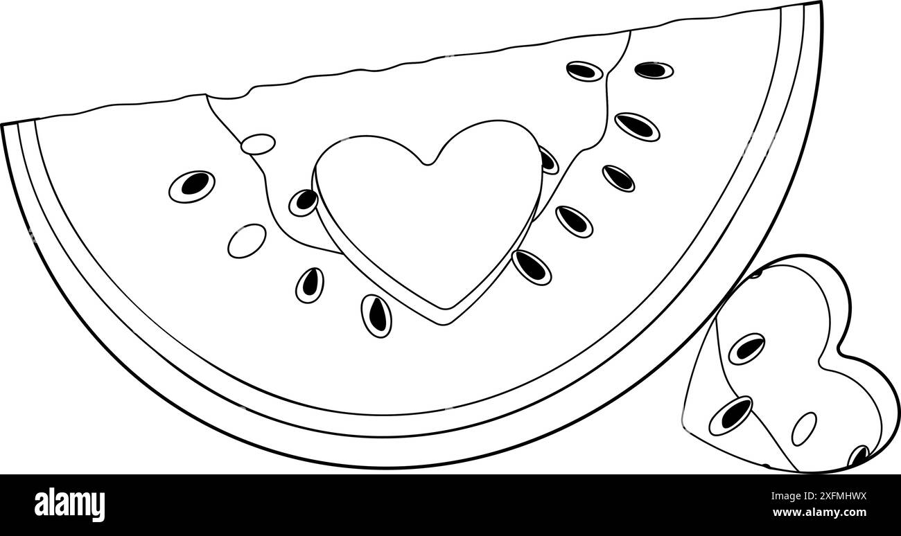 Tranche de pastèque avec trou en forme de coeur. Pastèque mûre coupée dessinée à la main style doodle dessert naturel biologique isolé, page colorante de fruits d'été de melon juteux doux et sain. Illustration vectorielle Illustration de Vecteur