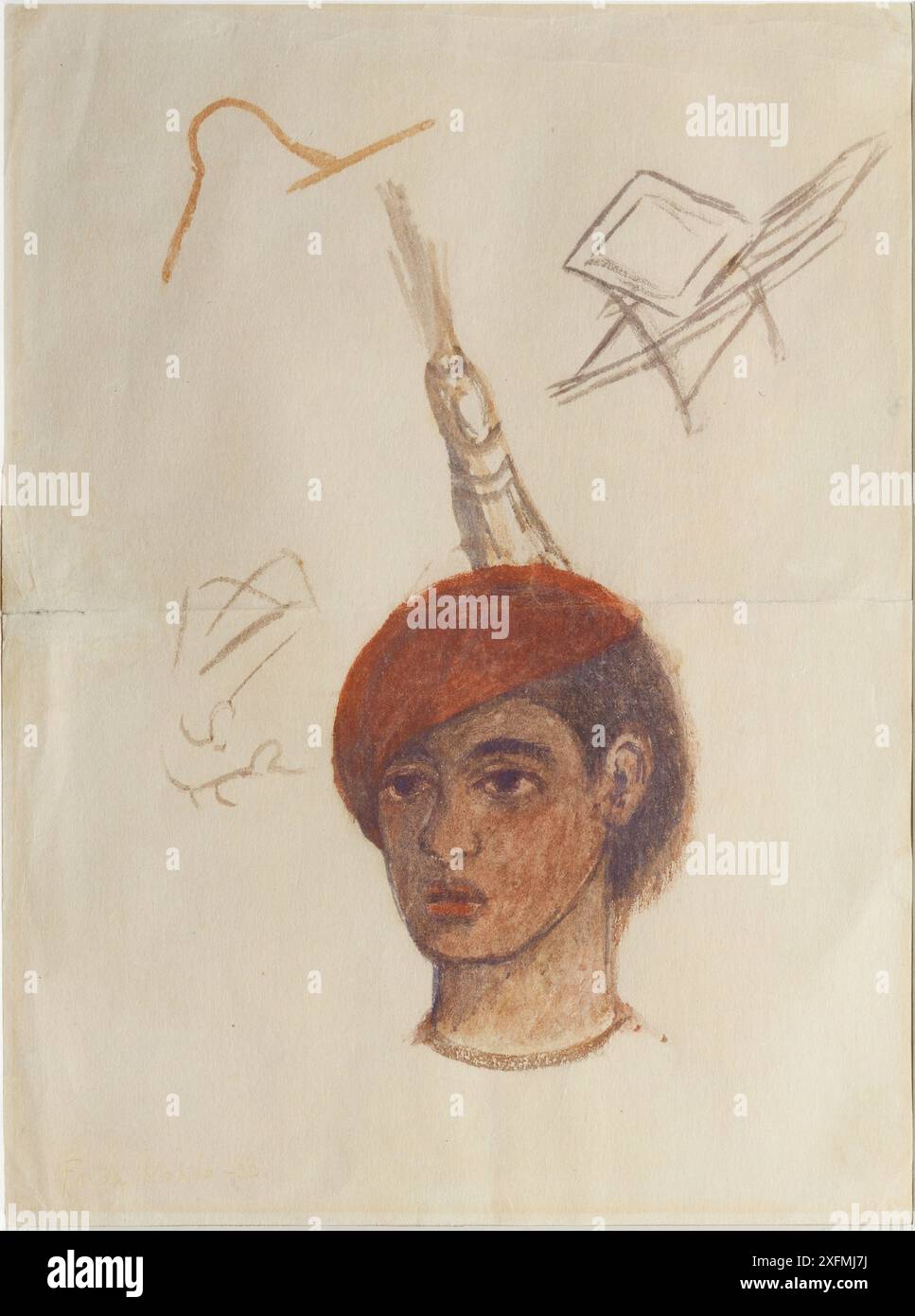 Autoportrait (Cabeza con cachucha roja). Musée : Museo Dolores Olmedo Patino, Mexiko City. Auteur : FRIDA KAHLO. Banque D'Images