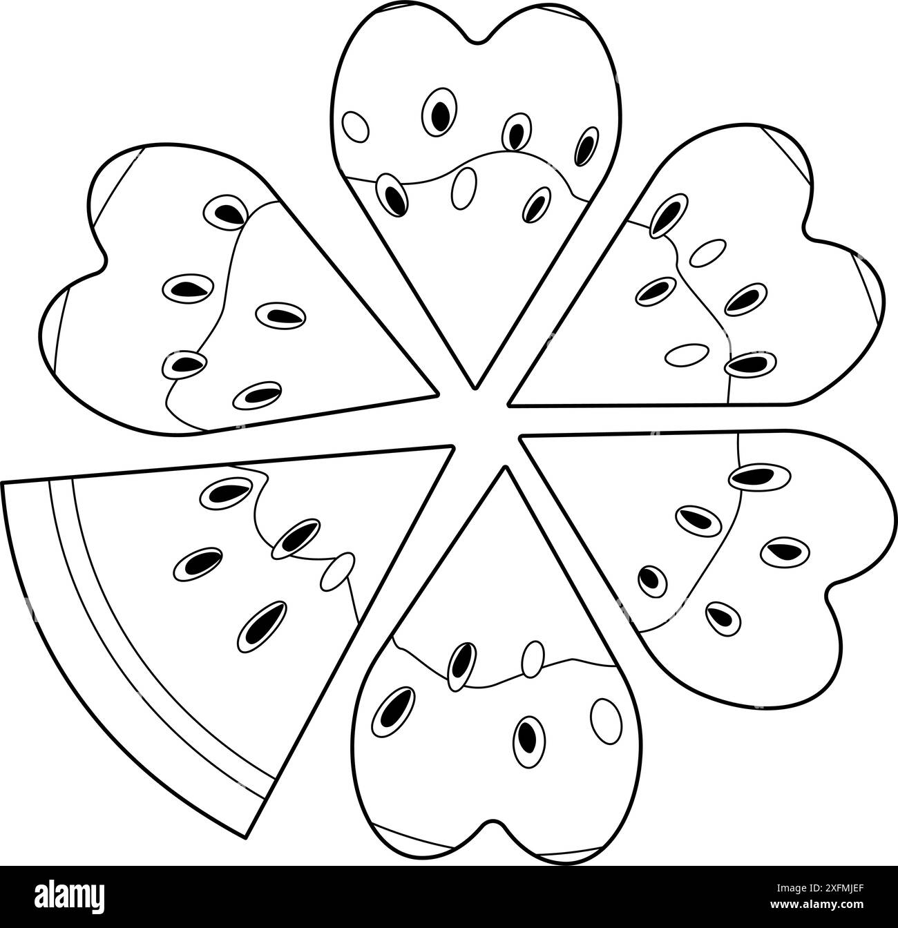 Vue de dessus de la pastèque segmentée mûre coupée, pièces en forme de coeur dessinées à la main style doodle page de coloriage isolé dessert naturel biologique, fruit d'été de melon juteux et sucré sain. Illustration vectorielle Illustration de Vecteur