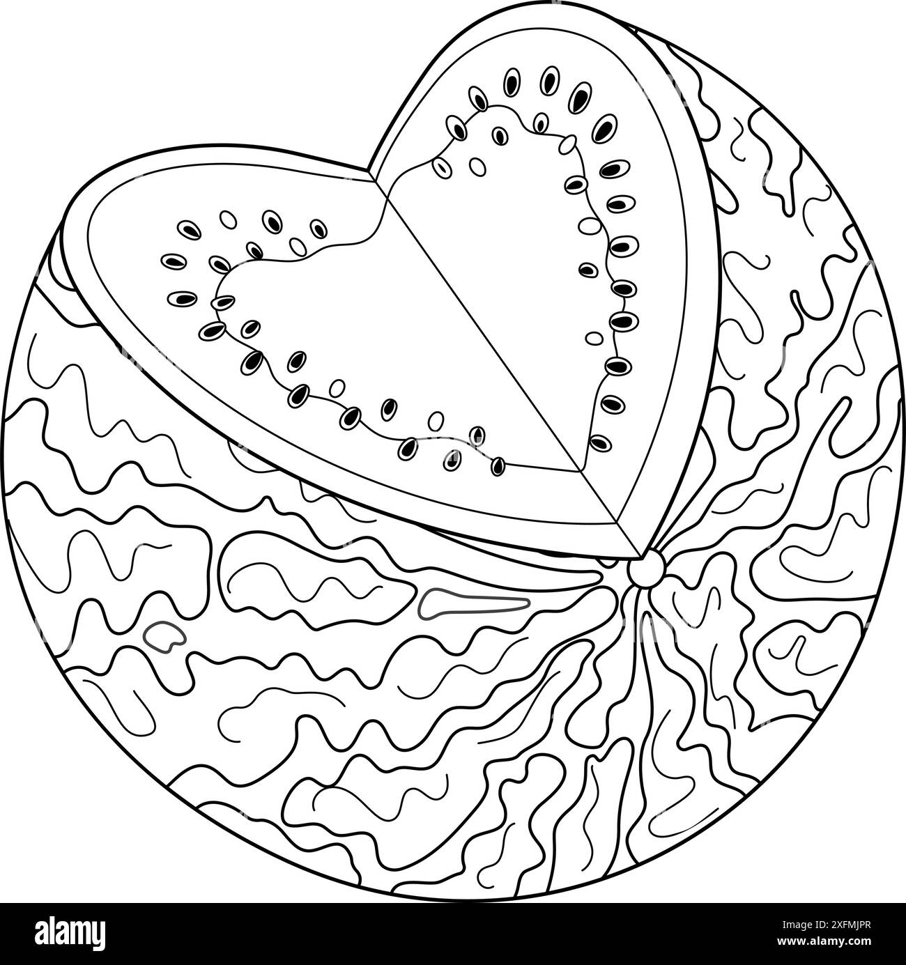 Ligne de pastèque fraîche ouverte Cartoon Ripe Cut Watermelon Heart. Livre de coloriage isolé de style doodle dessiné à la main dessert naturel biologique, fruits d'été juteux doux et sains. Illustration vectorielle Illustration de Vecteur