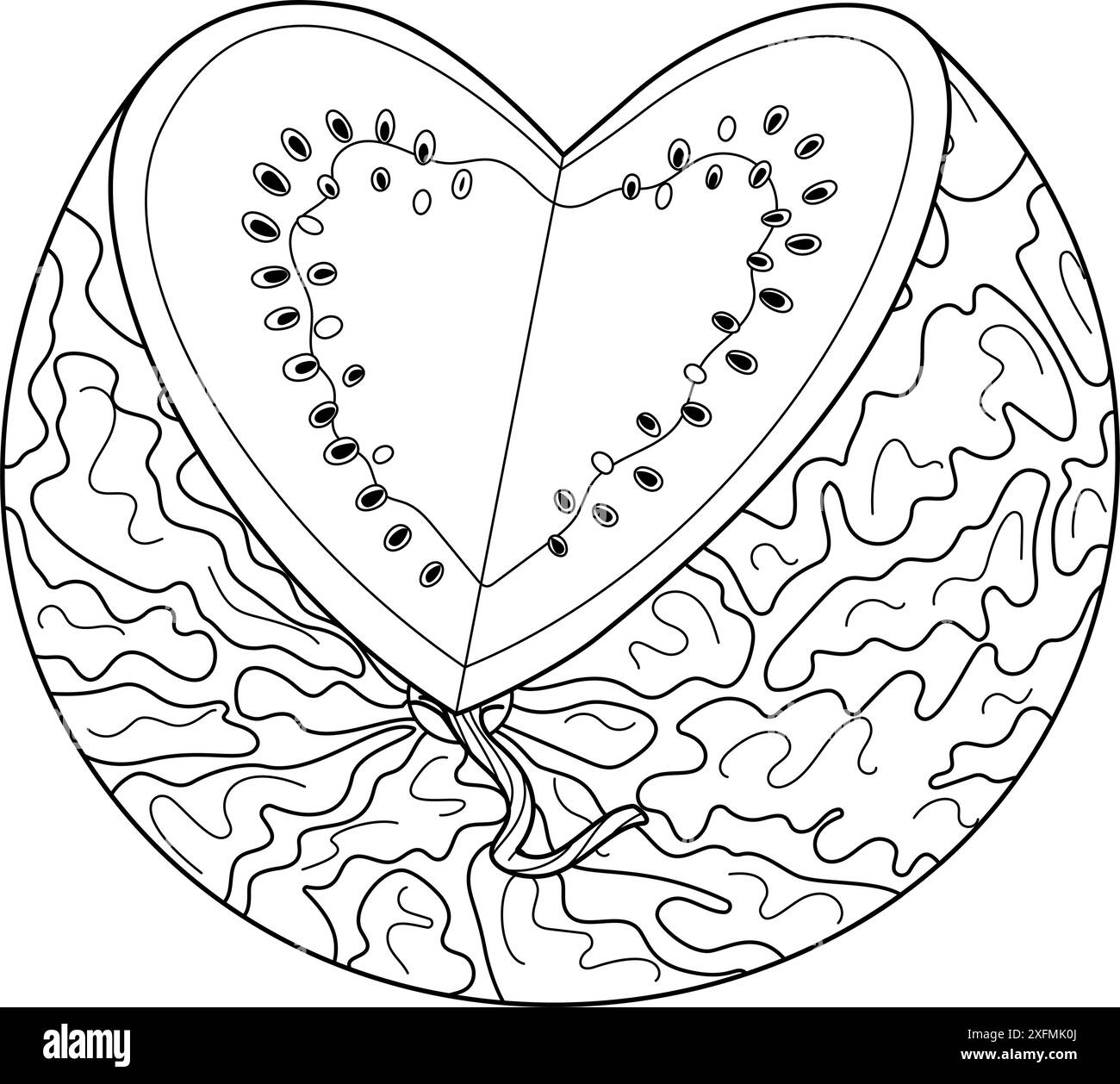Ligne de pastèque fraîche ouverte Cartoon Ripe Cut Watermelon Heart. Livre de coloriage isolé de style doodle dessiné à la main dessert naturel biologique, fruits d'été juteux doux et sains. Illustration vectorielle Illustration de Vecteur