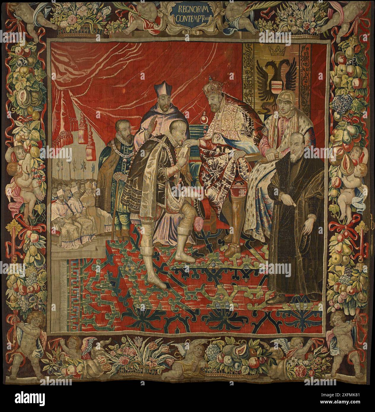 L'abdication de l'empereur Charles Quint en faveur de son fils Philippe II, de la tapisserie de Charles Quint. Musée : Musée du temps, Besançon. Auteur : maître anonyme. Banque D'Images