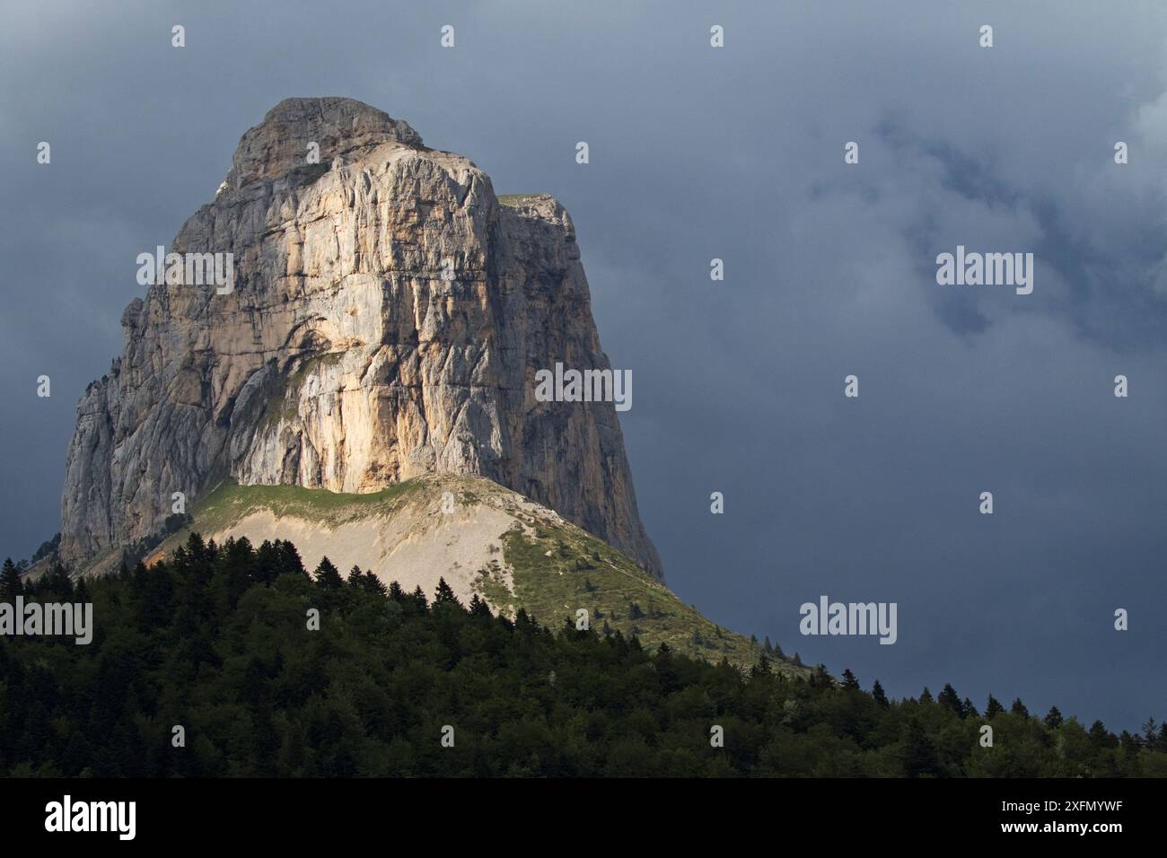 Mont aiguille calcaire mesa dans Chichilianne Isère région Parc naturel régional du Vercors, France, juin 2016. Banque D'Images