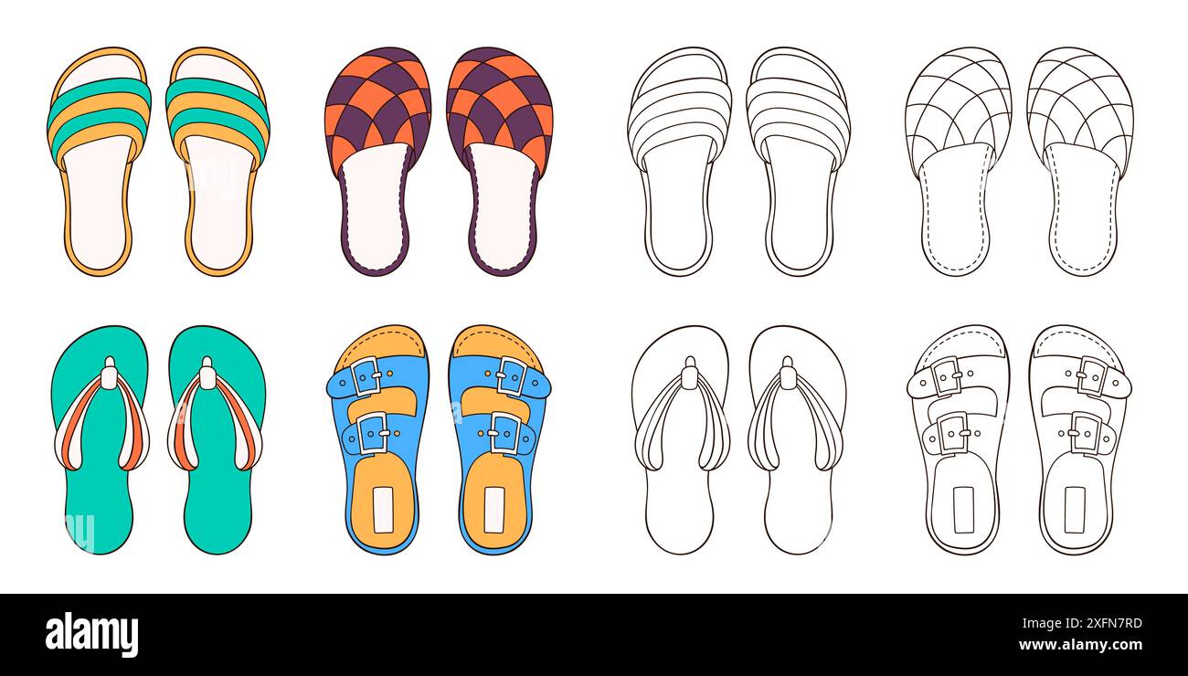 Collection de chaussures masculines pour l'été et la maison dans le style de dessin animé. Chaussures décontractées dessinées à la main pour homme. Conception pour livre de coloriage. Illustration vectorielle Illustration de Vecteur