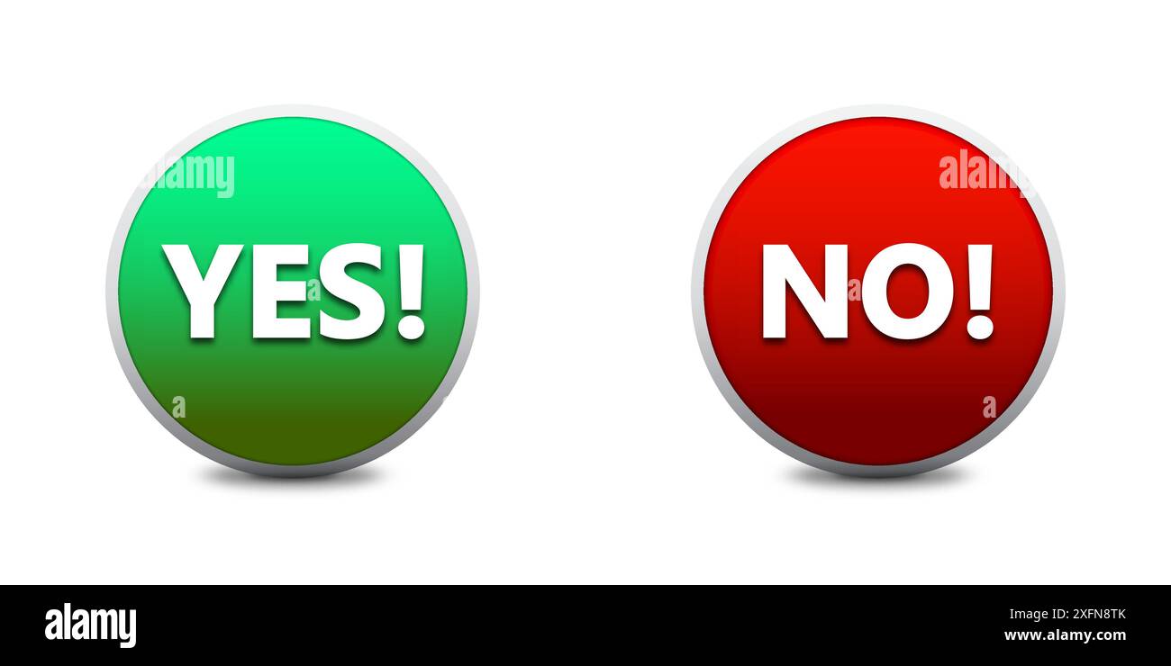 Boutons oui et non. Badges rouges et verts avec lattering et ombres. Illustration vectorielle plate Illustration de Vecteur