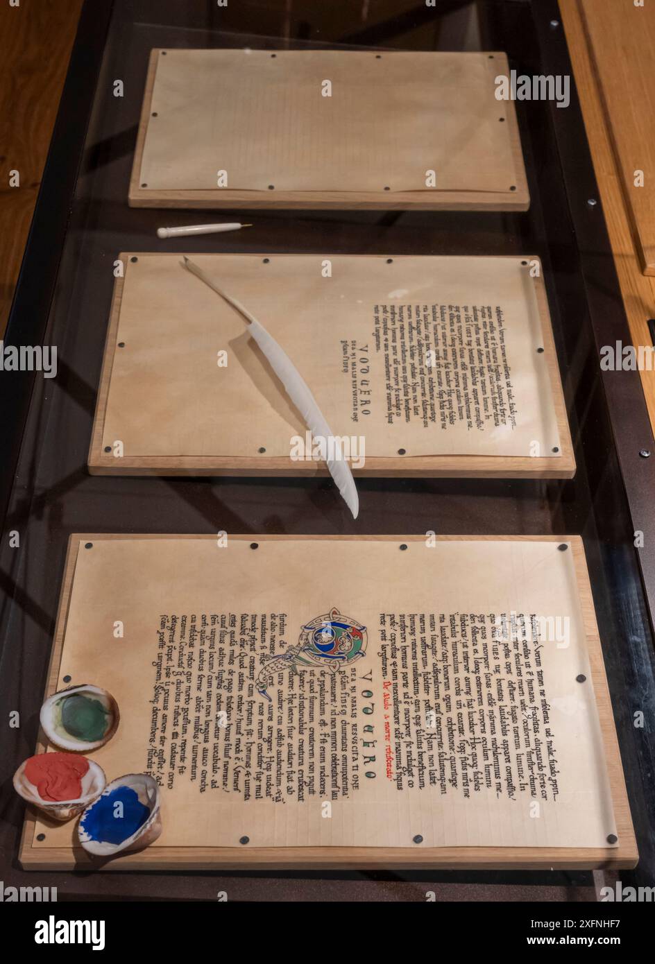 Selestat, France - 06 25 2024 : Bibliothèque humaniste. Feuilles manuscrites sur parchemin en latin, plume et encres colorées Banque D'Images
