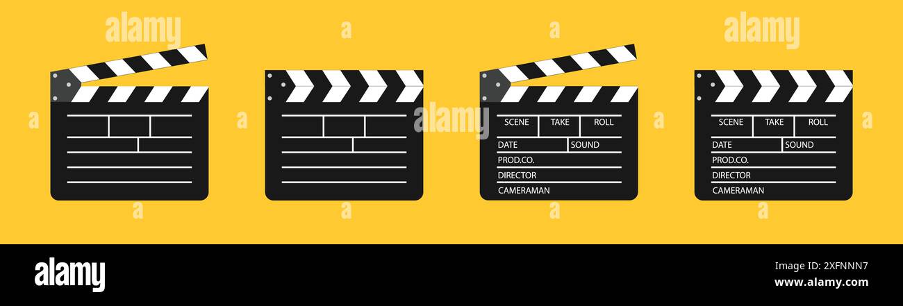 Jeu d'icônes de vecteur de tableau de clapper. Panneau de claquage de film ouvert et fermé. Film, cinéma, concept de symbole de film. Director Clapboard. Réalisation de films, équipement industriel de production vidéo. Illustration de Vecteur