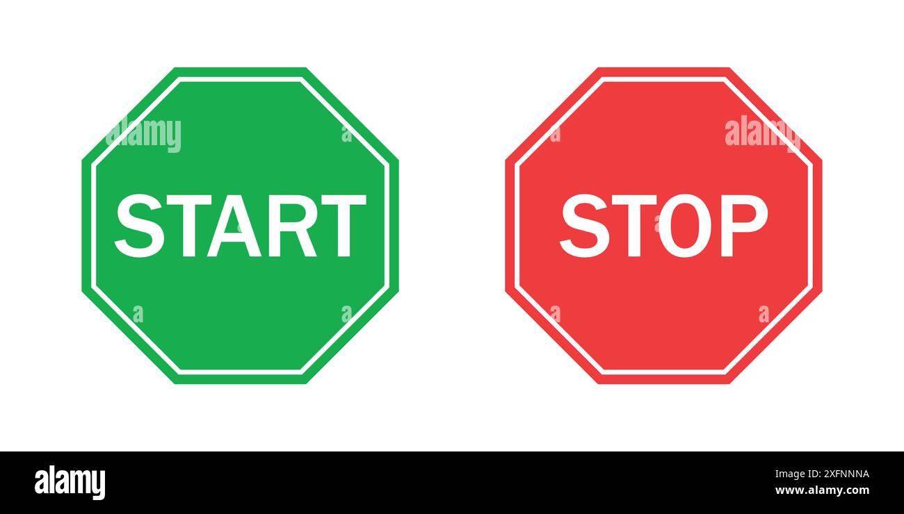 Panneau d'arrêt et de démarrage en vert et rouge isolé sur fond blanc. Démarrer et arrêter le panneau de signalisation. Illustration vectorielle. Illustration de Vecteur