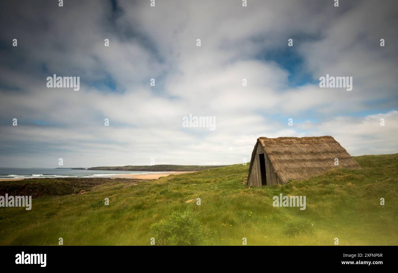 La cabane de séchage des algues à Freshwater West. Construit pour sécher les algues comestibles pour la consommation sous forme de pain de laverne. Pembrokeshire, pays de Galles, Royaume-Uni, mai Banque D'Images La cabane de séchage des algues à Freshwater West. Construit pour sécher les algues comestibles pour la consommation sous forme de pain de laverne. Pembrokeshire, pays de Galles, Royaume-Uni, mai Banque D'Images