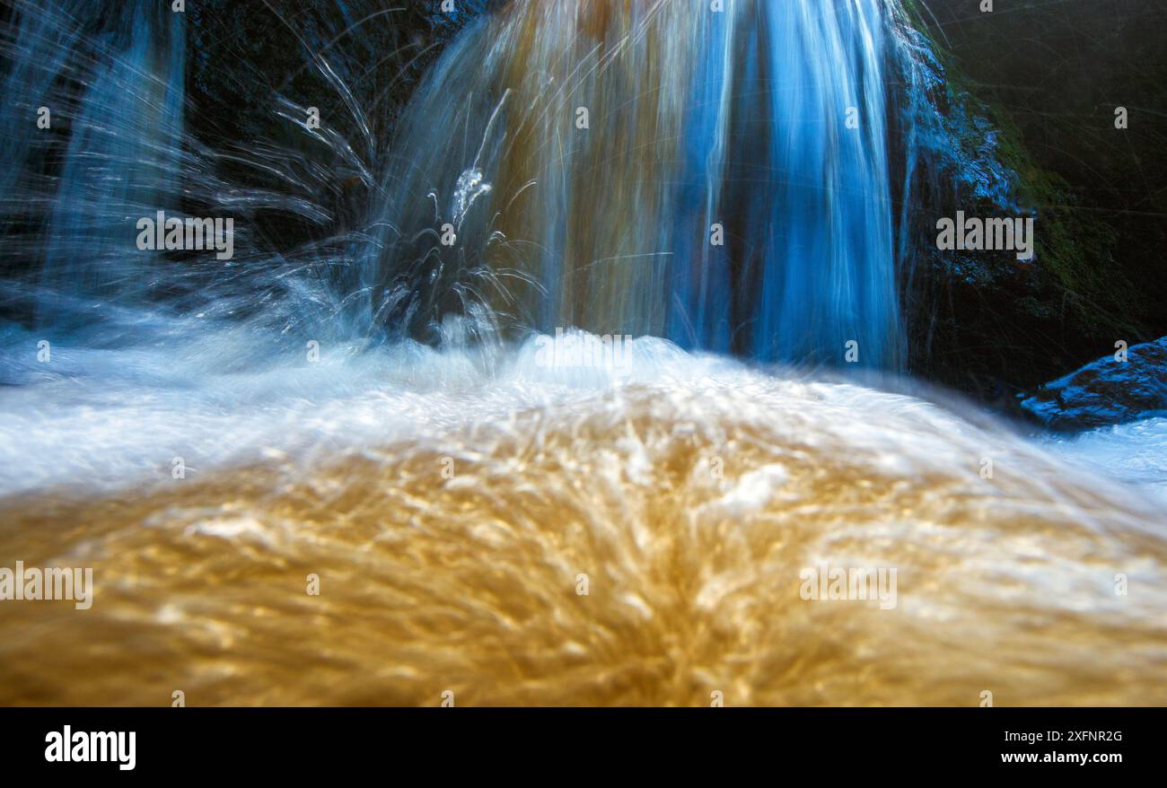 Une des nombreuses petites cascades d'un ruisseau de montagne la Hoegne, Belgique. Banque D'Images