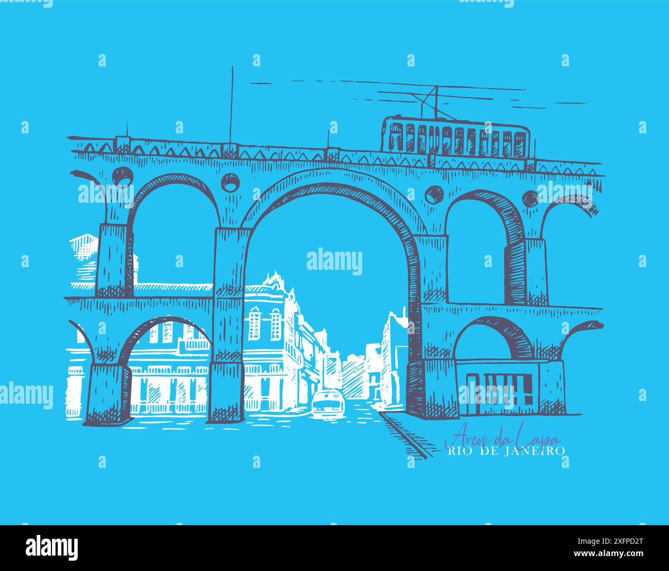 Illustration vectorielle à la main représentant les Arcos da Lapa, situé dans le quartier de Santa Teresa, Rio de Janeiro, Brésil, dans les temps modernes. Illustration de Vecteur