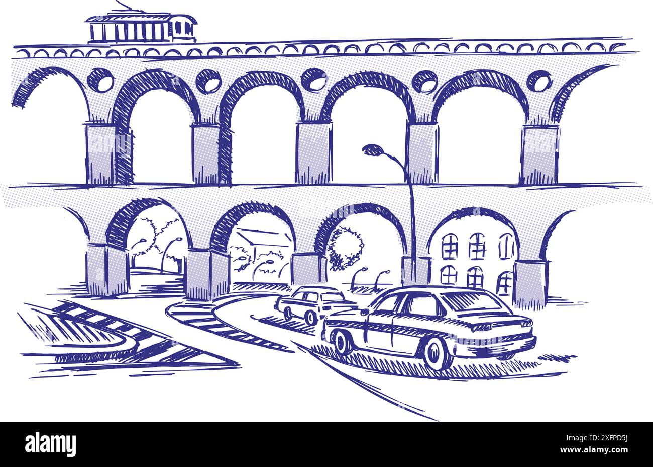 Illustration vectorielle dans le style dépouillé de la scène urbaine de Rio de Janeiro. Dessin-style art des Arcos da Lapa, Rio de Janeiro, Brésil. Illustration de Vecteur