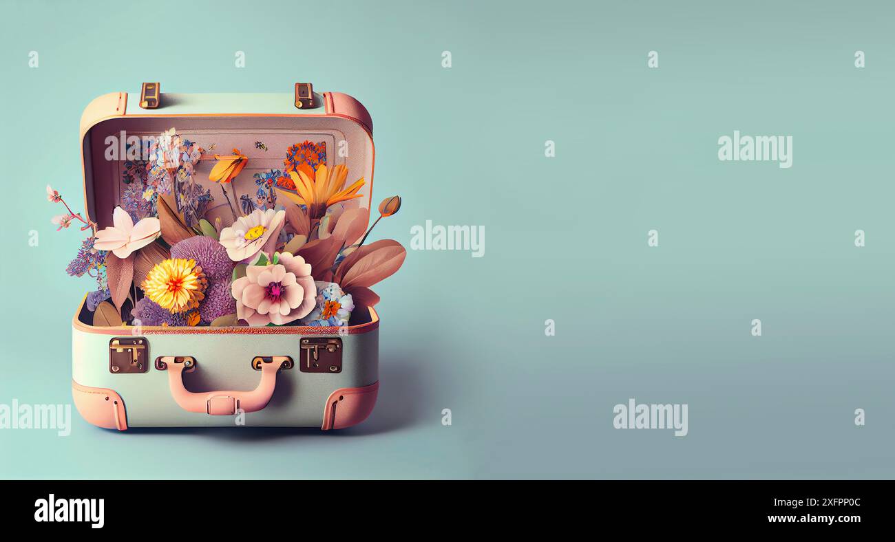 Valise remplie de fleurs du printemps et de l'été, couleur pastel, mode de vie positif créatif, soin de soi et concept de voyage Banque D'Images