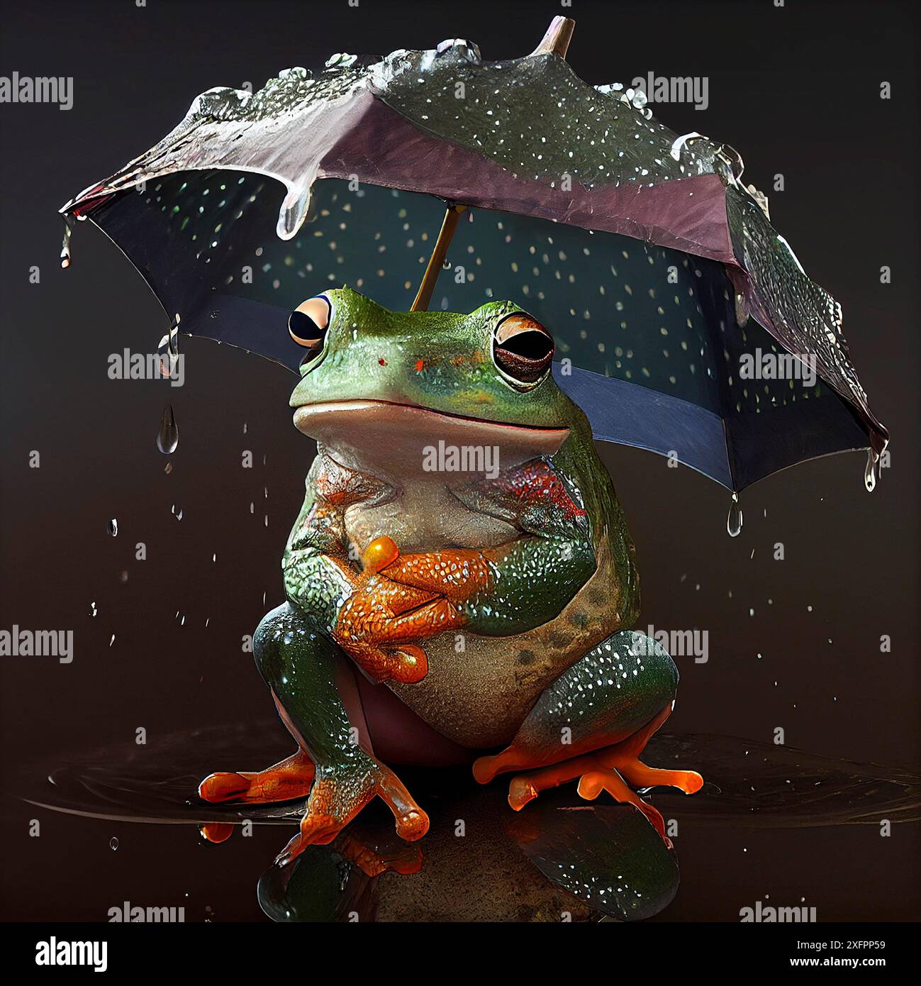 Grenouille verte sous un parapluie avec raindrops, temps pluvieux, flaque de terre, animal amphibien Banque D'Images