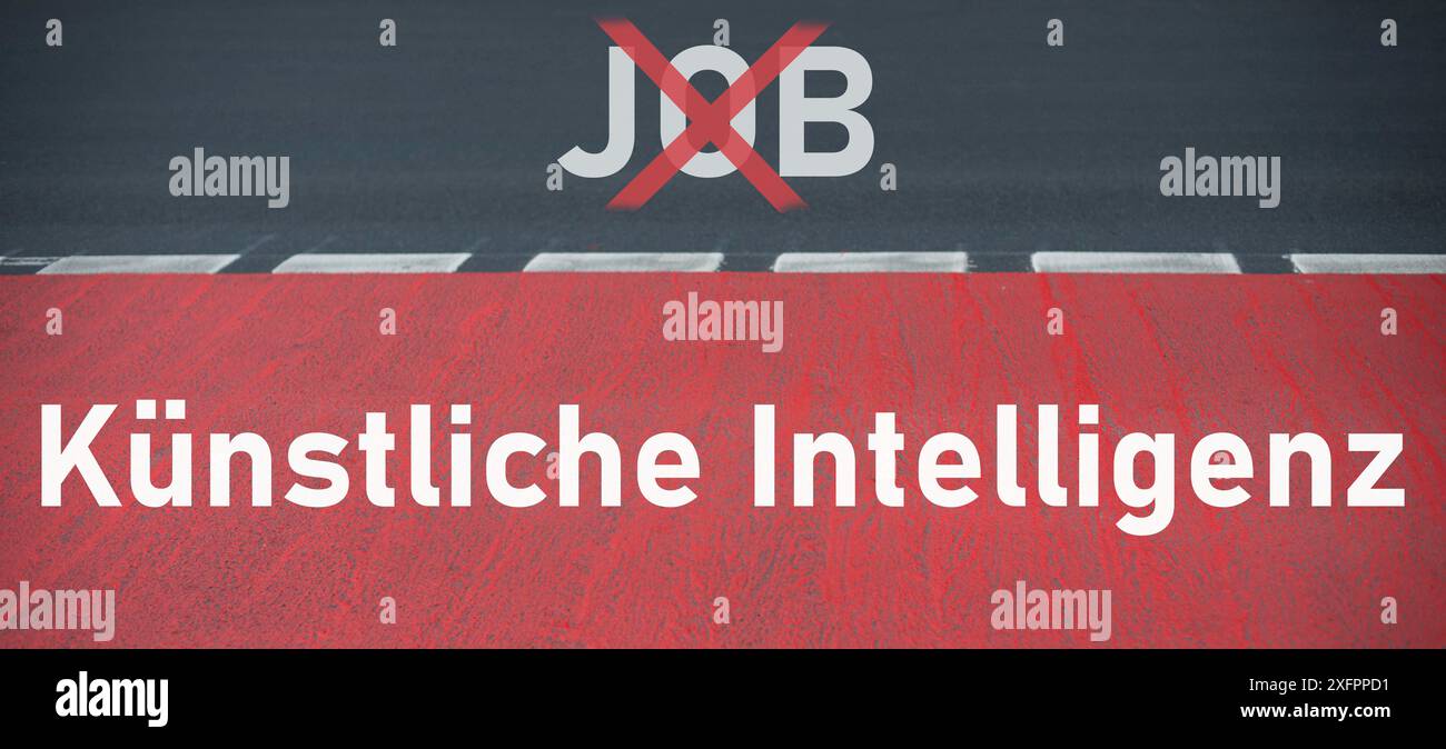 Route avec le mot emploi croisé, intelligence artificielle, langue allemande, technologie en concurrence avec les ressources humaines, main-d'œuvre contre cyborg Banque D'Images