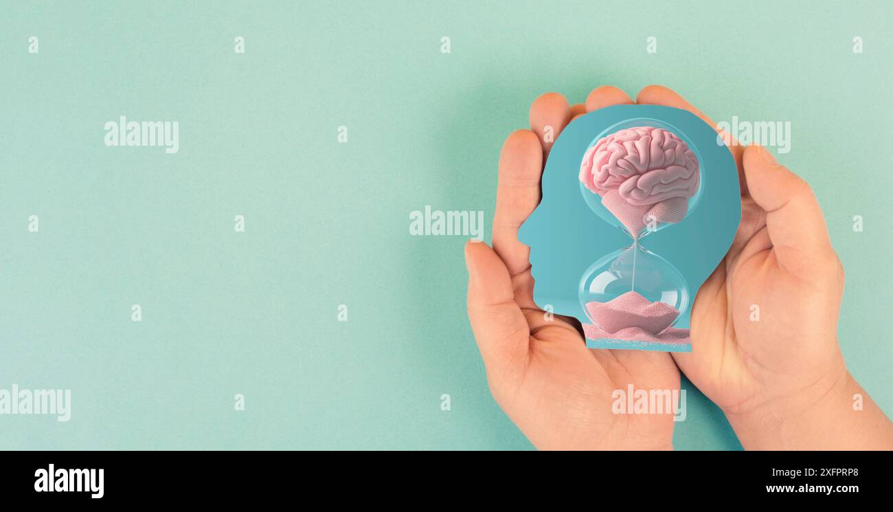 Esprit humain, santé mentale et concept de psychologie, démence ou maladie d'Alzheimer, perte de mémoire cérébrale, vie en cours de sablier Banque D'Images