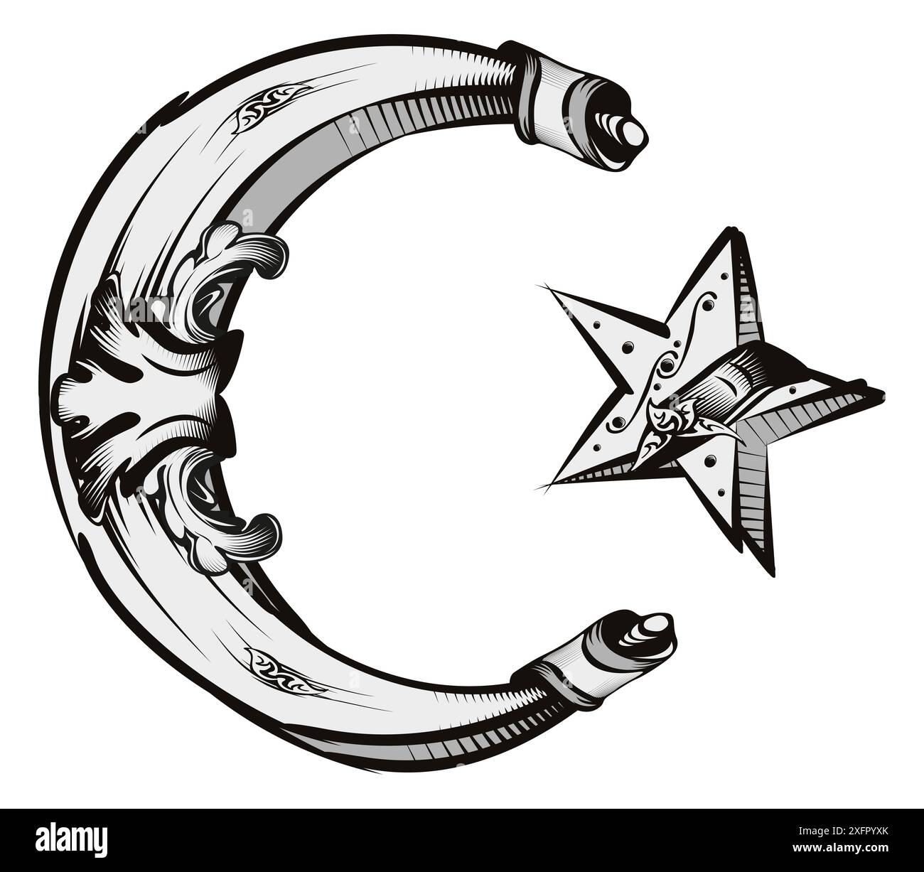 Symbole islamique étoile et croissant créé dans un style ancien vintage Banque D'Images Symbole islamique étoile et croissant créé dans un style ancien vintage Banque D'Images