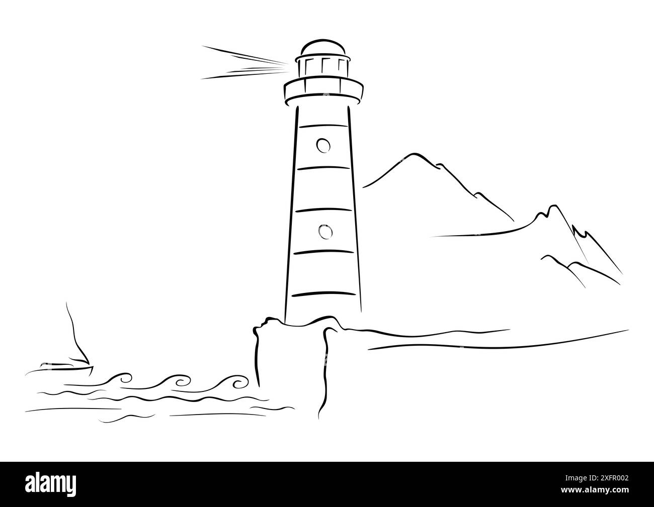 Esquisse illustration du phare sur la rive rocheuse Banque D'Images