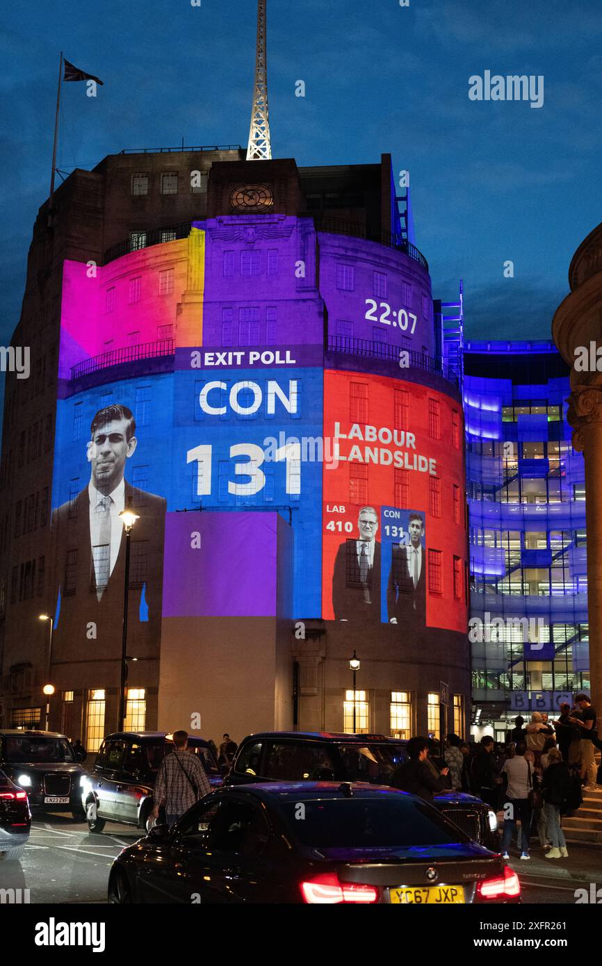 Londres, Royaume-Uni. 4 juillet 2024. Les sondages de sortie prédisant le résultat final des élections générales britanniques de 2024 sont projetés sur BBC Broadcasting House à Portland place après la fin du scrutin à 22 heures. Le sondage prévoit une large majorité de députés à la Chambre des communes pour le parti travailliste dirigé par Sir Keir Starmer. Crédit : Ron Fassbender/Alamy Live News Banque D'Images